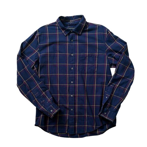 Banana Republic Untucked Standard-Fit Button-Down Cotton Navy Plaid Men’s Size L - Picture 2 of 7